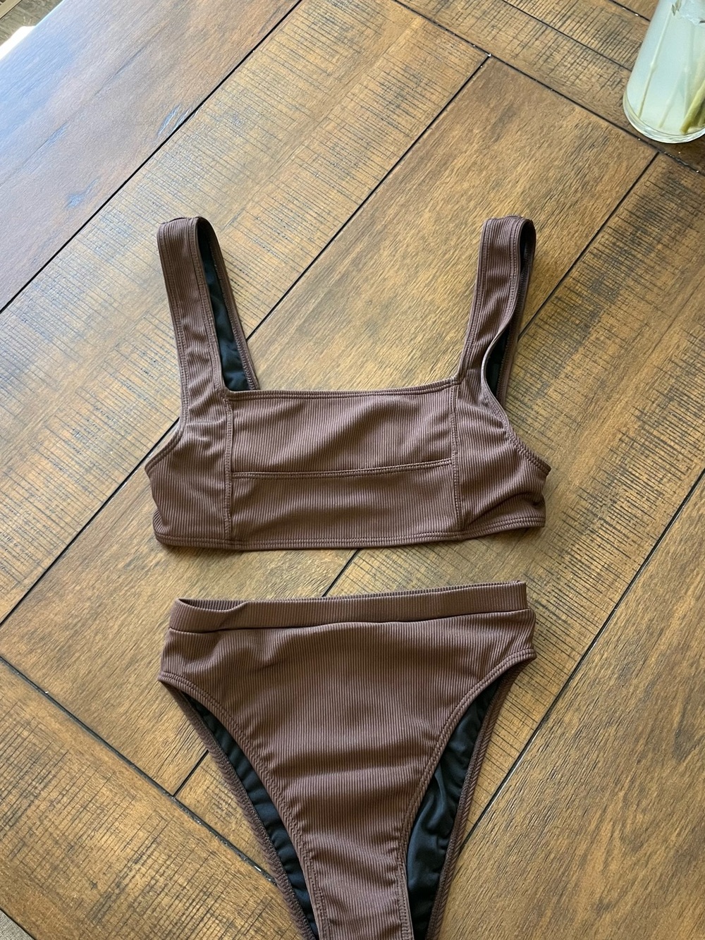 Ribbed Brown Square-Neck Bikini Set -Women Swim/ S top & XS bottoms
